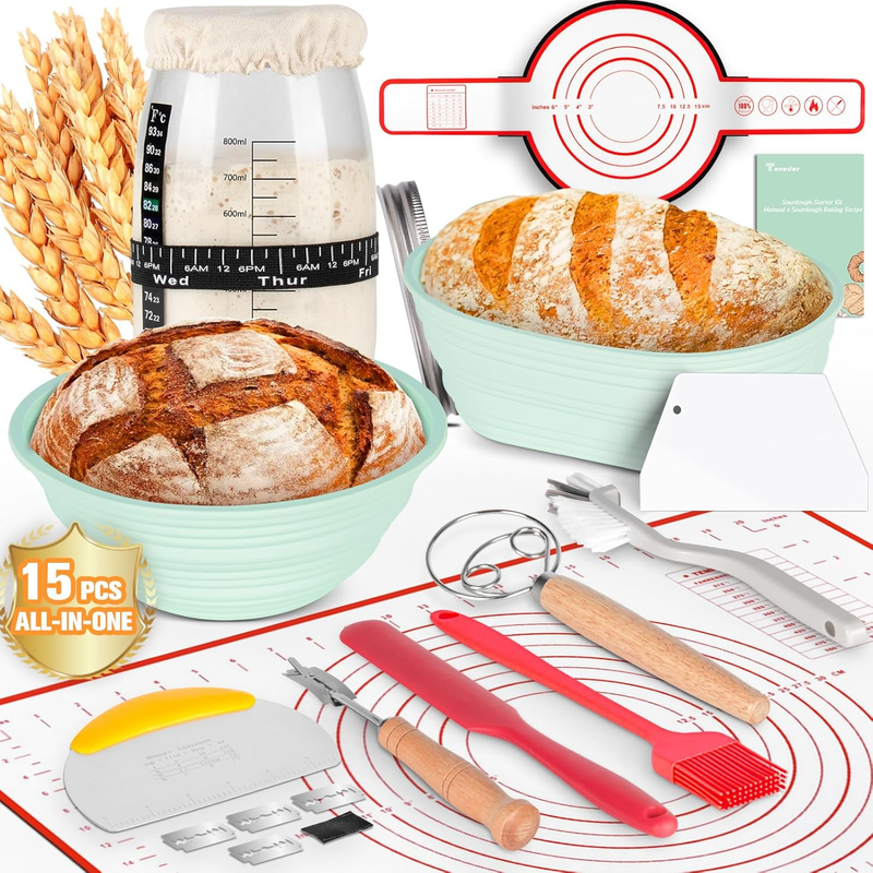 Complete Sourdough Starter Kit 35oz Jar, 15PCS Baking Supplies, Silicone Baskets10