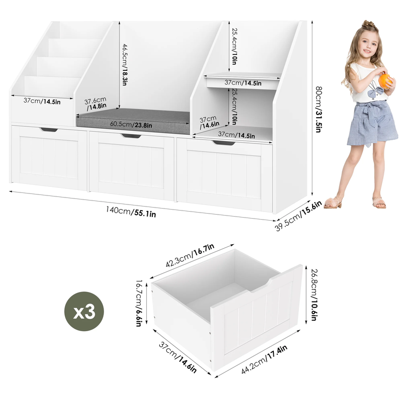 Kids Bookshelf with Reading Nook & 3 Movable Drawers, 2 Cube Bookcase with 4 Tie3