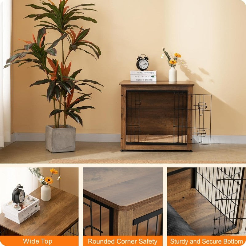 Dog Crate Furniture Table w/Cushion Wooden Kennel Double Door 27.2" Warm Brown5