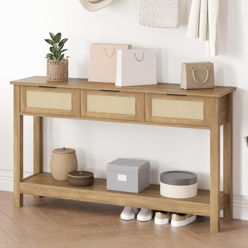 47'' Rattan Console Table Natural Boho Entryway Sofa Table 3 Drawer Storage10