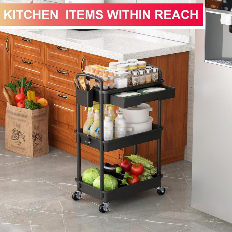 3-Tier Rolling Utility Cart with Drawer, Black Storage Cart with Wheels6