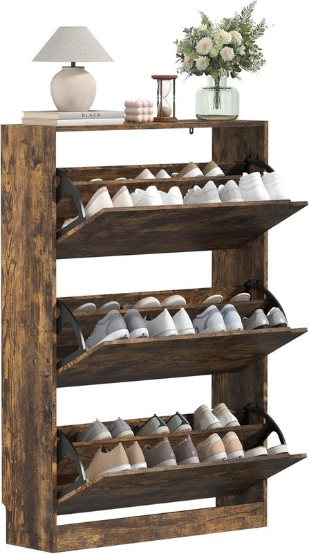 47'' Shoe Cabinet 3 Flip Drawers Slim Wood Storage Rack Organizer Entryway Brown7