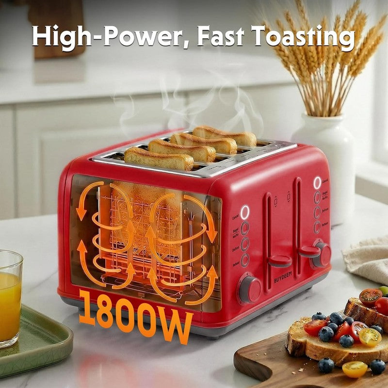 Retro 4 Slice Toaster 1800W Extra Wide Slots 7 Shade Bagel Muffin Stainless Red6