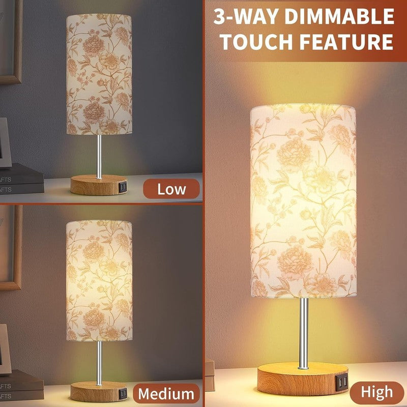 15" Touch Control Table Lamp w/ Dual USB Floral Print 3 Way Dimmable Bedside5
