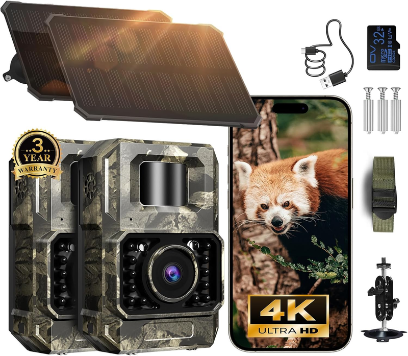 2 Pack Solar Trail Cameras 4K 64MP WiFi BT Night Vision IP66 Motion Cam0