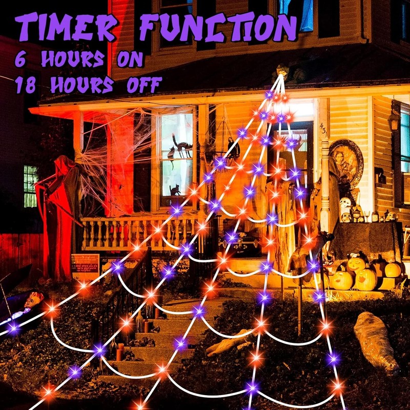 Halloween Spider Web Lights 150 LED, 16.4FT, 8 Modes, Purple/Orange, Outdoor3