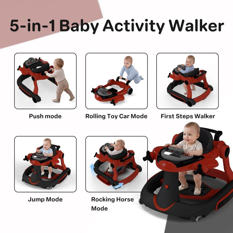 5-In-1 Musical Baby Walker with Wheels, Foldable Baby Walker for Boys Girls, Red8