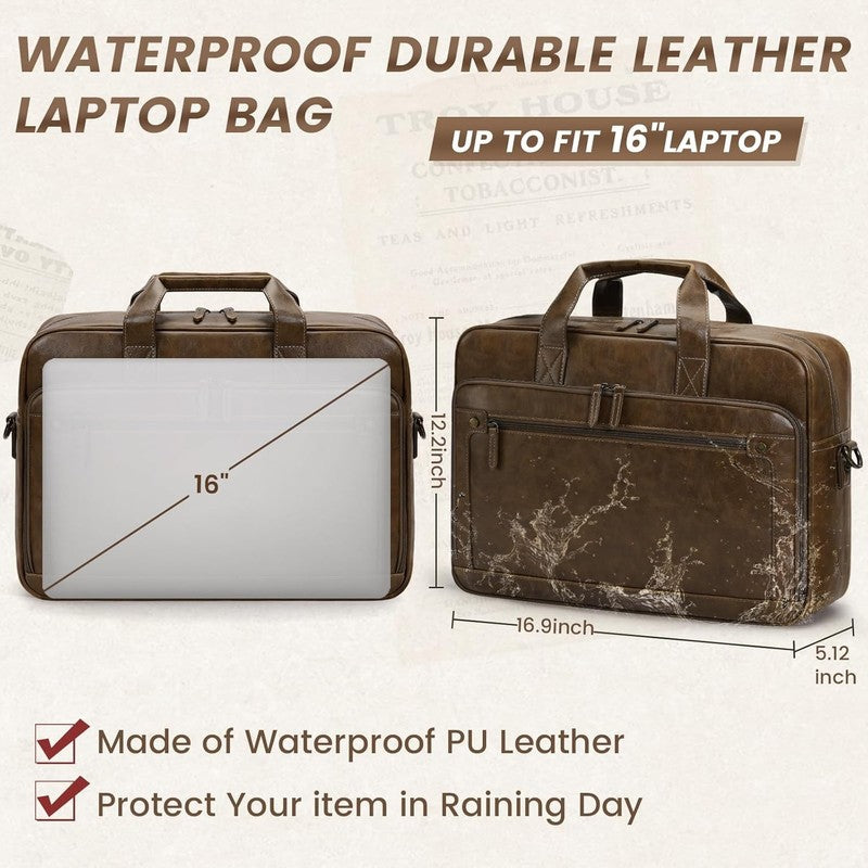 Mens Laptop Bag 16in Leather Briefcase Vintage Messenger Shoulder Work Brown2