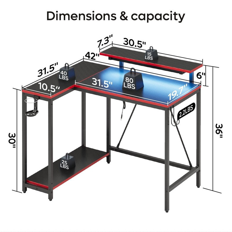 42" Reversible L-Shaped Gaming Desk LED with Monitor Stand & Headset Hooks9
