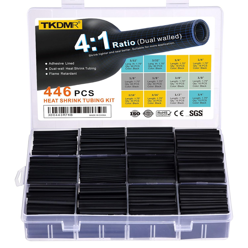 446 Pcs Marine Grade Heat Shrink Tubing Kit - 4:1 Adhesive Lined Black9