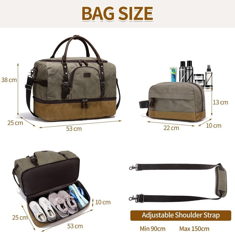 Nerlion Weekender Duffle Bag Green Canvas Leather Carry On Shoe Compartment5