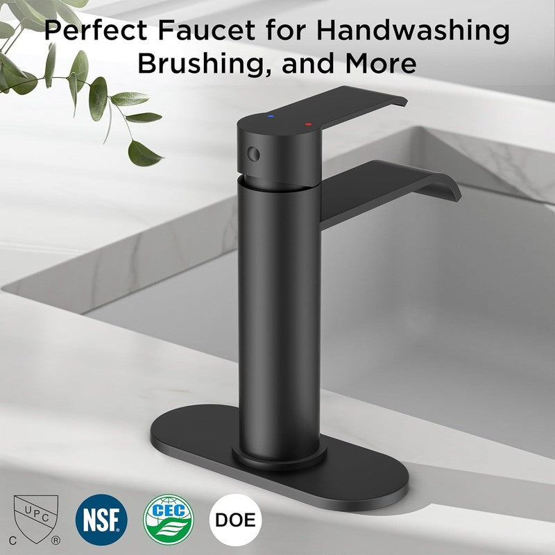 Black Bathroom Faucet 1 Hole, Single Handle Matte Black Waterfall Bathroom Fauce5