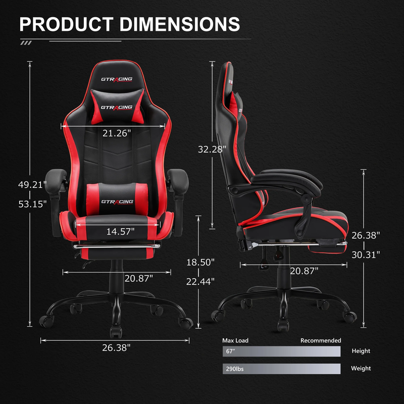 Ergonomic GTWD 200 Chair Gaming Office Adjustable Pillow Footrest Red3