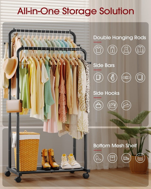 Double-Rod Clothes Rack with Hooks & Mesh Shelf Portable Hanger Black4