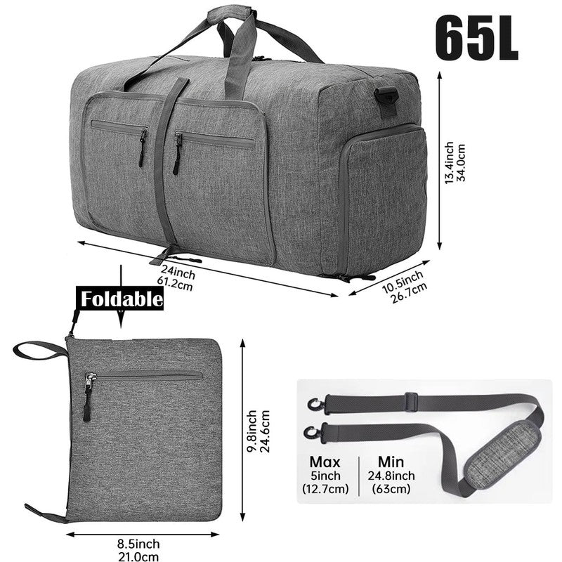 24" Large Travel Duffle Bag for Men, 65L Foldable Travel Duffel Bag with Shoes C1