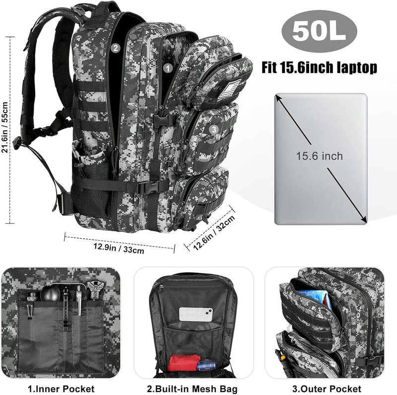 50L Tactical Military Backpack Army Assault Pack Bug Out Bag Water Resistant2