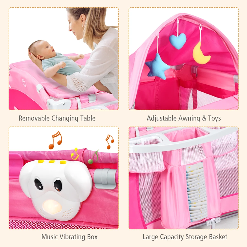 Foldable Baby Crib Playpen Travel Infant Flat Bassinet Bed Mosquito Net Music wi9
