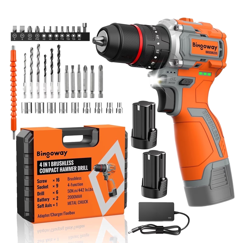 Brushless Cordless Drill Set, 16V 4 In 1 Electric Drill Driver with Impact Funct7