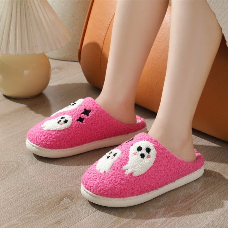 Cute Ghost Plush Halloween Slippers Warm Comfy Slip On for Women & Men Pink1