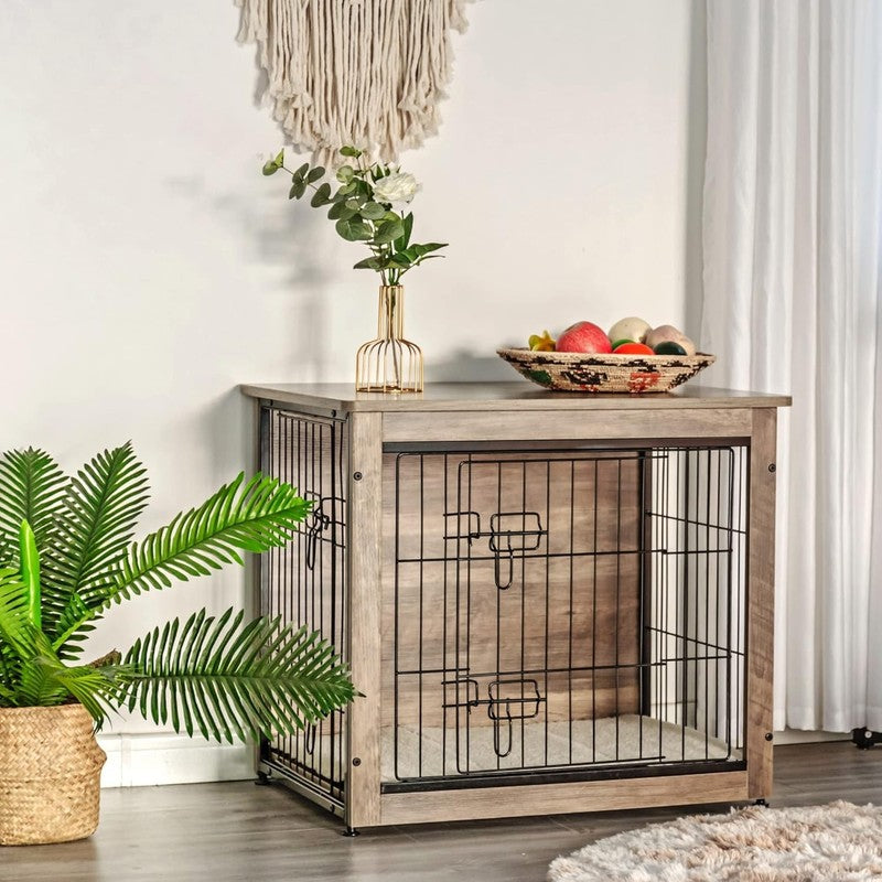 Dog Crate Furniture Table w/Cushion Wooden Kennel Double Door 27.2" Greige6