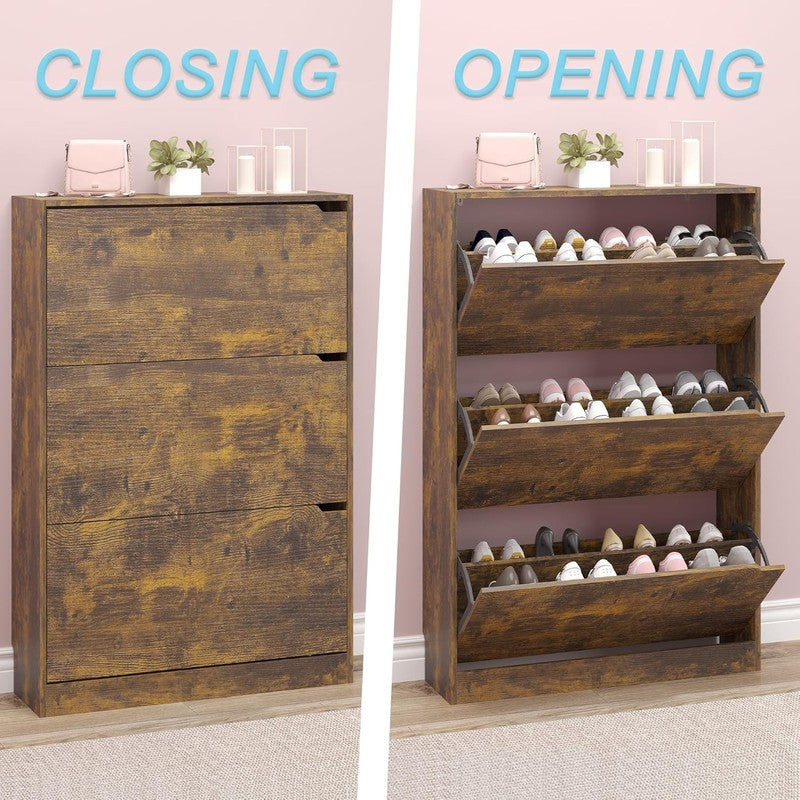 Shoe Cabinet 3 Flip Drawers Freestanding Wood Storage Entryway Hallway4