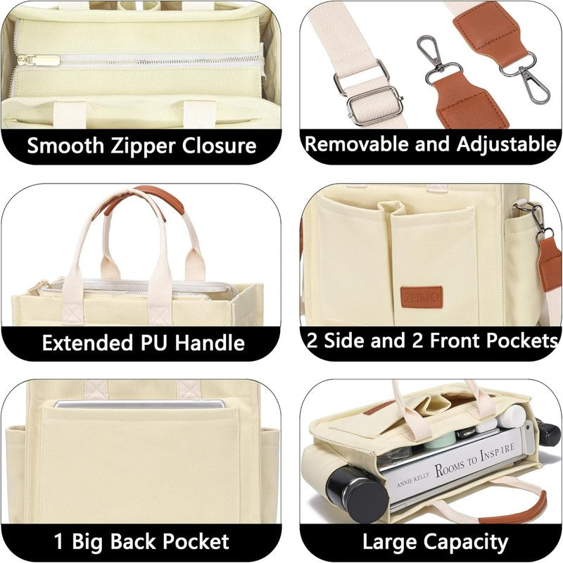 Women’s Canvas Tote Bag w/ Compartments Large Shoulder Crossbody Work Laptop3