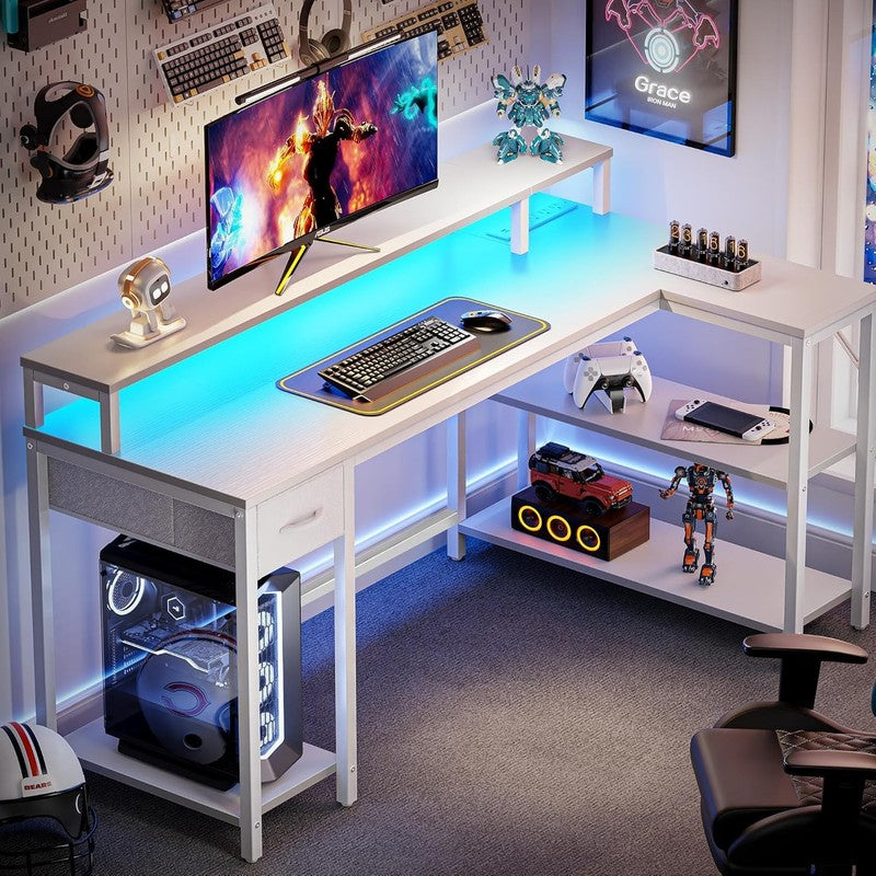53'' Reversible L Shaped Desk LED Lights Power Outlets Gaming White1