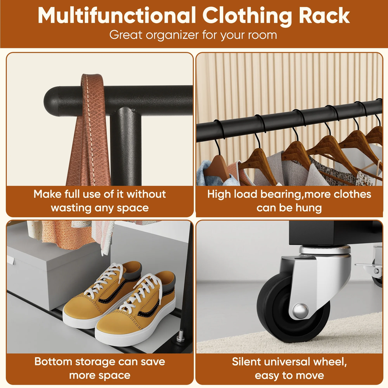 Freestanding Clothes Rack with Wheels Metal Clothing Rack with Shelves1