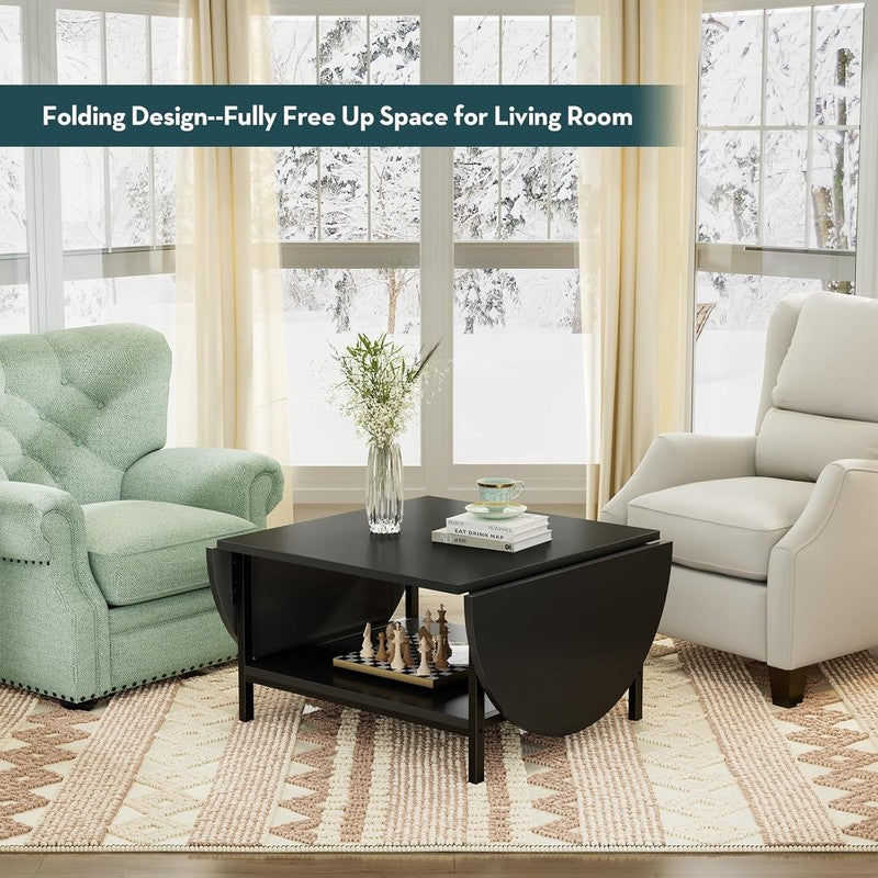 Black 2 Tier Foldable Coffee Table with Storage, Modern Living Room Table2