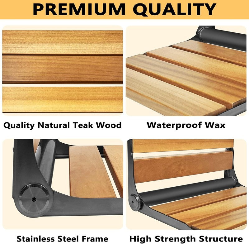 Folding Teak Shower Seat Stainless Steel Black Bath Safety Seat for Elderly3