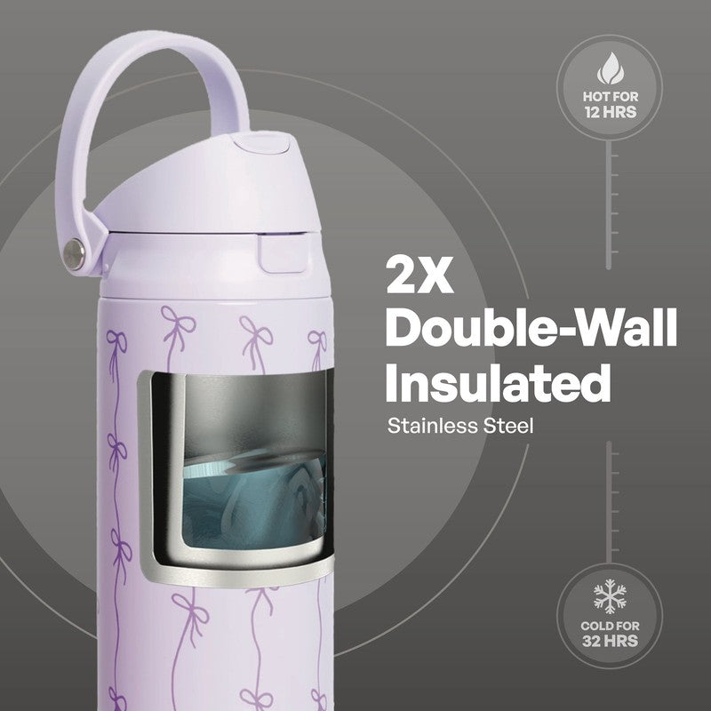 24oz Insulated Stainless Steel Water Bottle 2-in-1 Straw and Chug Lid Purple Bow4