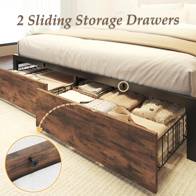 Queen Bed Frame LED Charging Storage Headboard Drawers Metal Rustic Brown5