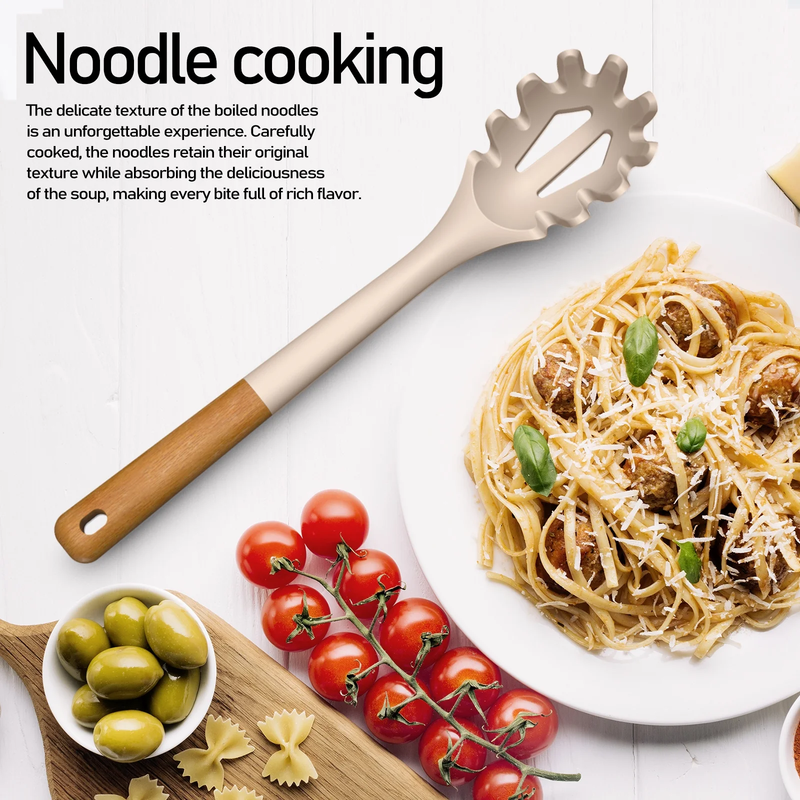 Large Silicone Kitchen Utensil Set Wooden Handle Heat Resistant Khaki8