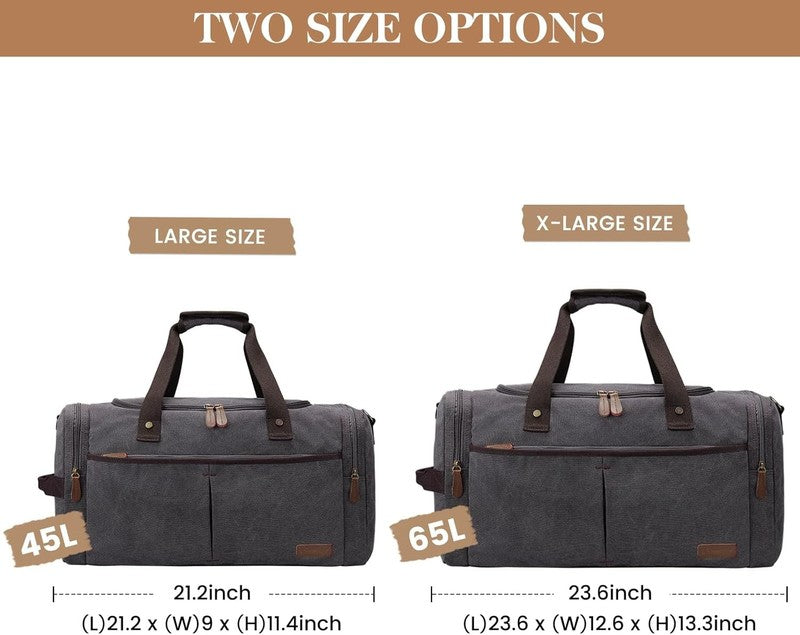 65L Expandable Canvas Duffle Bag Grey Travel Gym Weekender w/ Shoes Compartment3