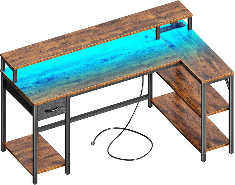 53'' Reversible L Shaped Desk LED Lights Power Outlets Gaming Rustic10