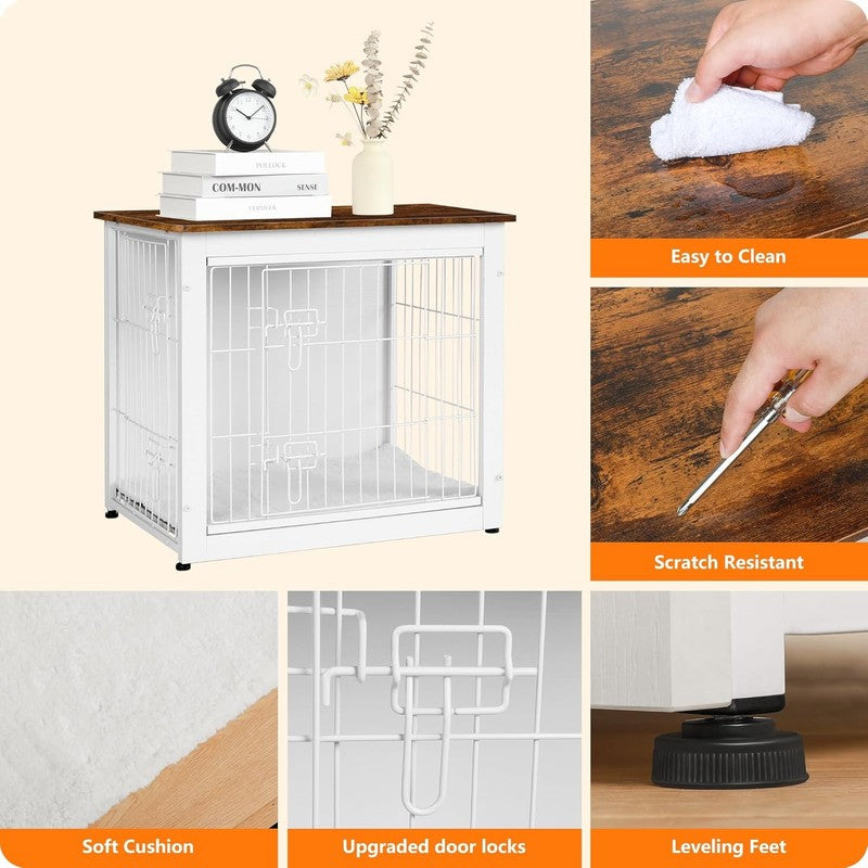 Dog Crate Furniture Table w/Cushion Wooden Kennel Double Door 27.2" White/Brown4