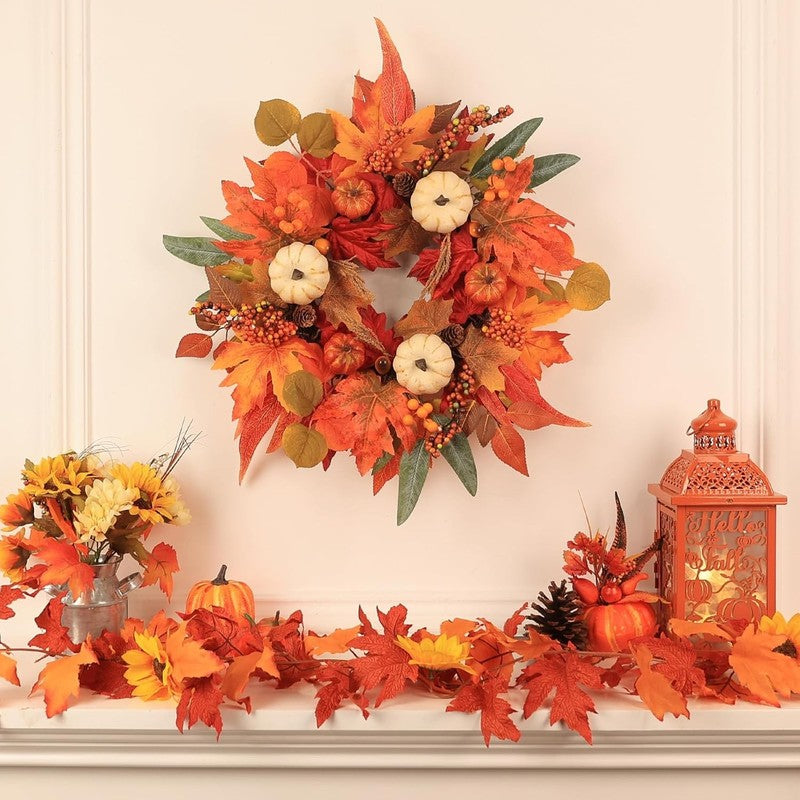 21" Fall Wreath Thanksgiving Pumpkin Maple Leaves Autumn Door Decor1