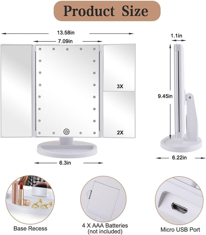 Tri Fold Lighted Vanity Mirror with 3X/2X Magnification & Touch Screen White1
