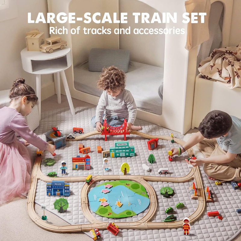 110 Pc Wooden Train Set w/ Tracks Railway Toy for Kids Ages 3 7 Compatible6