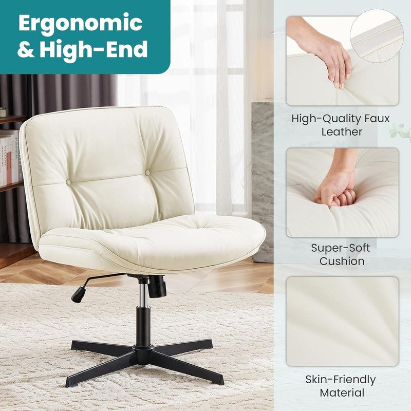 Armless Criss Cross Office Chair Beige PU Leather Swivel No Wheels Desk Chair3