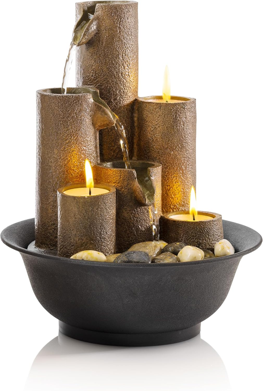 WCT202 Indoor Tabletop Tiered Water Fountain Featuring 3 Candles for Desktop and7