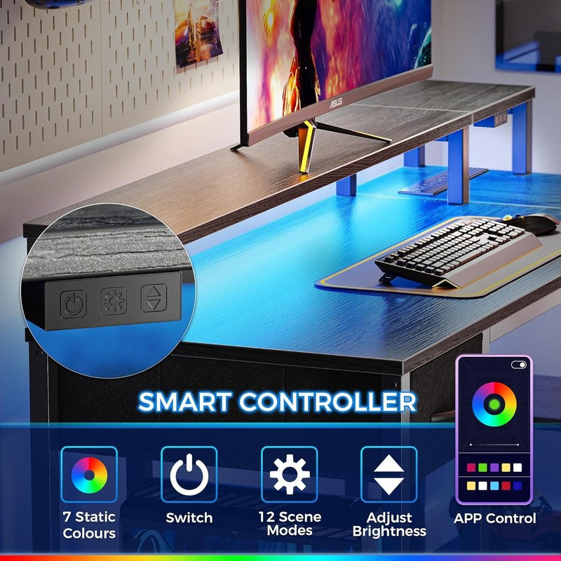 53'' Reversible L Shaped Desk LED Lights Power Outlets Gaming Grey4