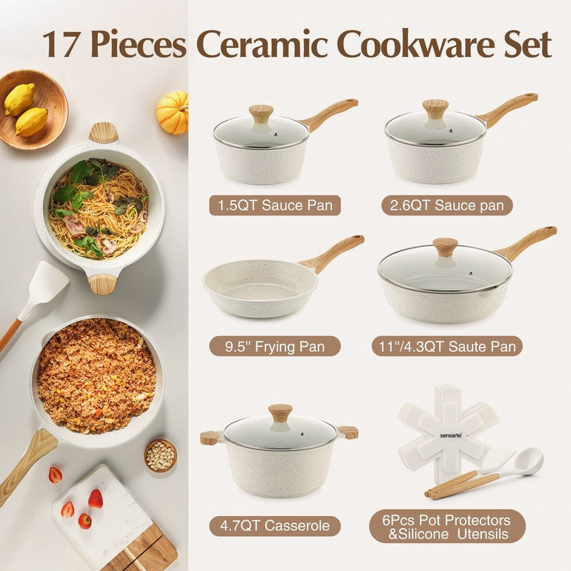 Ceramic Nonstick Pots and Pans Set, 17Pcs Healthy Non Stick Cookware Set with Po9