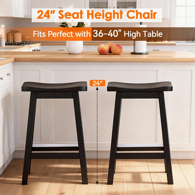 Bar Stools Set of 2, Wooden Saddle Stools 24 Inch Heigh, Bar Chairs Seat with Fo3