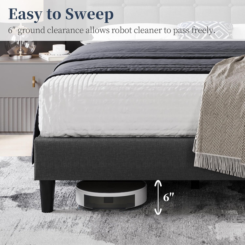 Upholstered Full Bed Frame Tufted Headboard Adjustable Wood Slats Dark Gray6