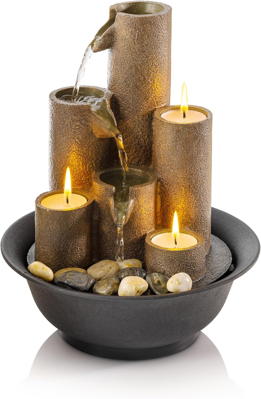 WCT202 Indoor Tabletop Tiered Water Fountain Featuring 3 Candles for Desktop and0