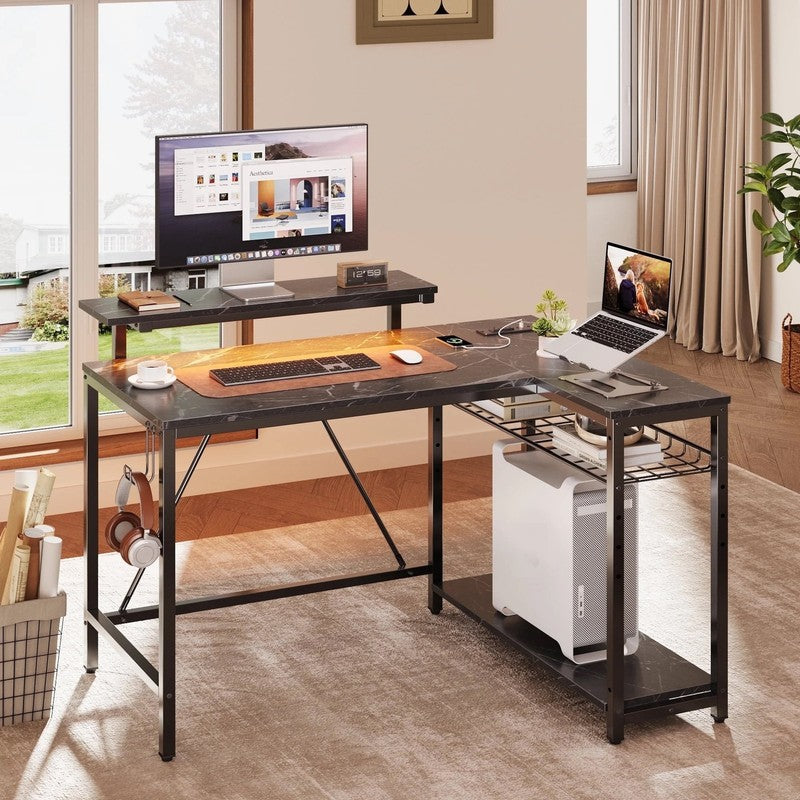 42" L-Shaped Gaming Desk LED with Power Outlets, Monitor Stand Black Marble3
