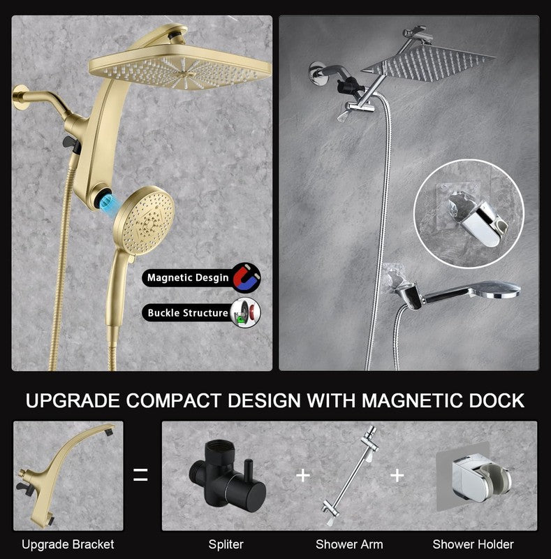 High Pressure Rain Shower Head w/ Handheld 10-Spray Combo Detachable Jets Gold4