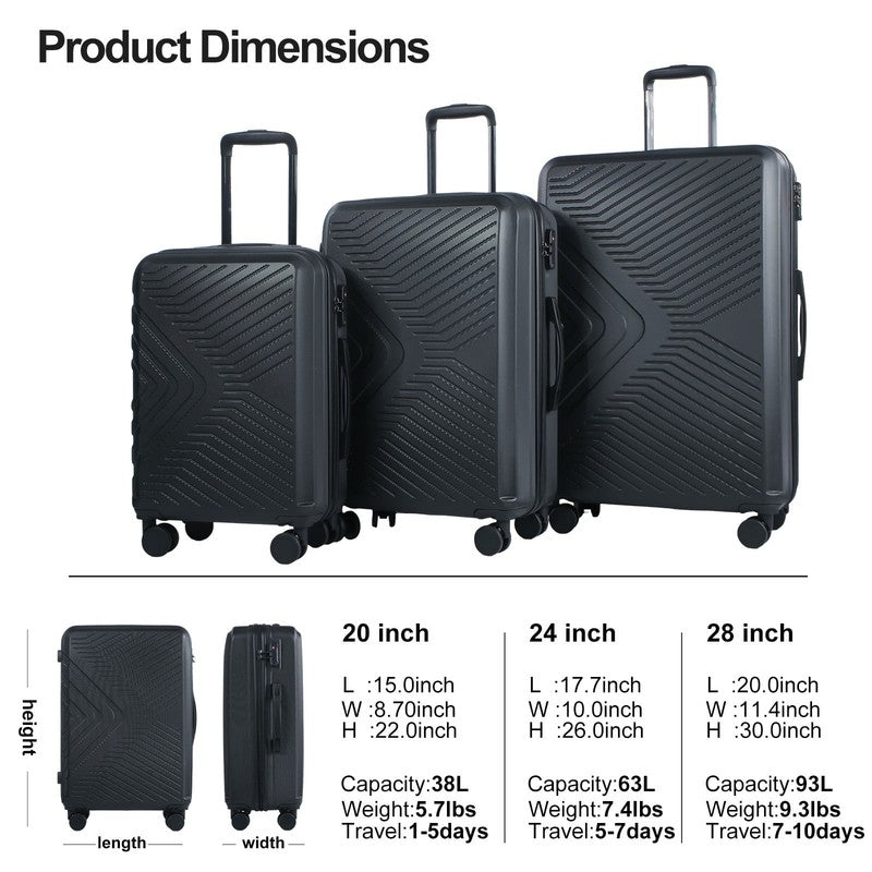 3Pc Hardside Luggage Set TSA Lock Spinner Wheels 20 24 28in Black4