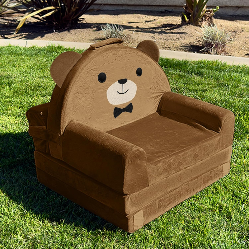 Kids Foldable Sofa Bed w/ Washable Cover, Crystal Velvet Toddler Chair Brown7